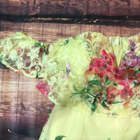 Sale Bright Yellow Floral Lace Off Shoulder Romper - Picture 5 of 8